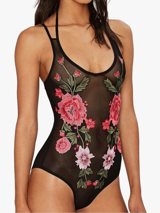 Tops - TOP CHIC Black Mesh Floral Embroidered Bodysuit with Pink Roses